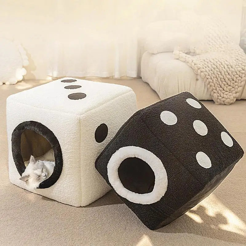 Pet Bed Houses For Indoor Cats Dice Shape Winter Warmer Foldable Soft Stuffed For Sleeping Resting Napping Relaxing Supplies