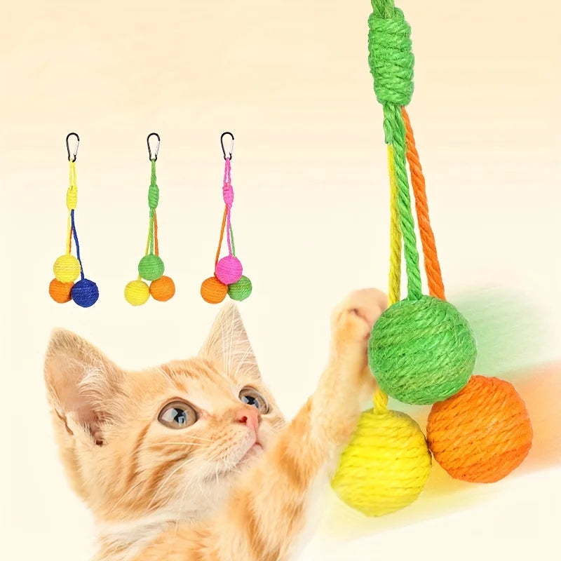 Random Color Cat Toys: Sisal Balls for Grinding Teeth Sharpening Claws, Hangable Sound-Activated Rope Knot Teaser Ball for Cats