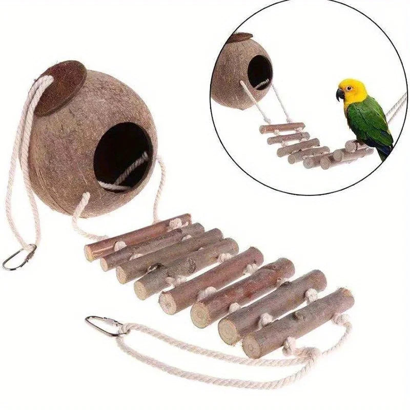Parrot Natural Coconut Shell Bird Nest with Climbing Ladder, Cozy Hanging Parrot Original Wood for Birds Small Pet Shelter